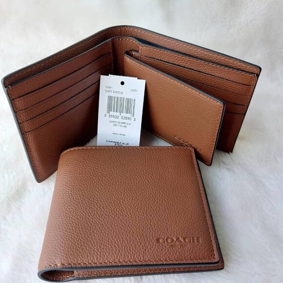 NWT - COACH Men Compact 3 In 1 Wallet -  BESTSELLER - Dark Saddle - Picture 7 of 14